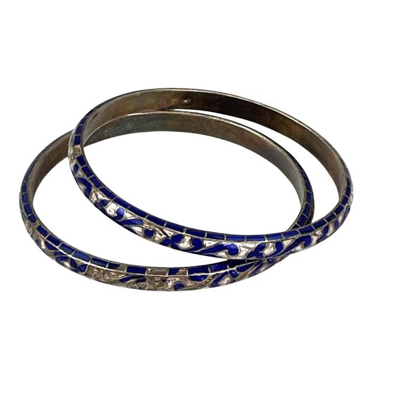Vintage Blue & Silver Cloisonne Floral Pattern Bangles Set Of 2 Small Wrist - Picture 4 of 6